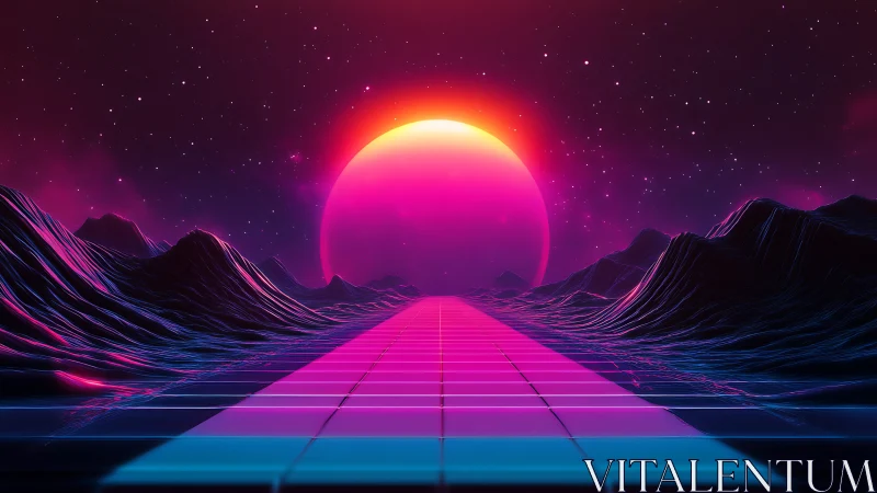 Neon retrofuturist grid highway toward radiant cosmic sunset