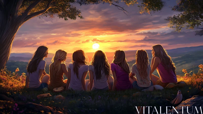 Group of Friends Watching Sunset on Hilltop, Warm Painterly Style.