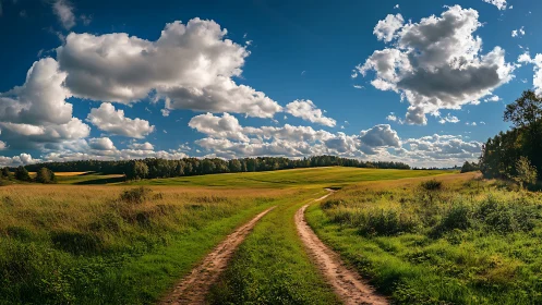 Sunlit country track wandering under roaming summer clouds.