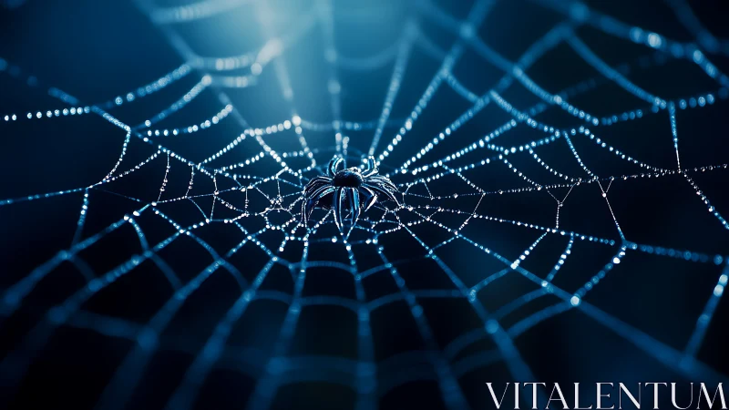 Glistening spider in dewy web under cool blue light.