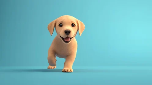 Adorable Cartoon Puppy Walking on Blue Background, Vibrant Style.