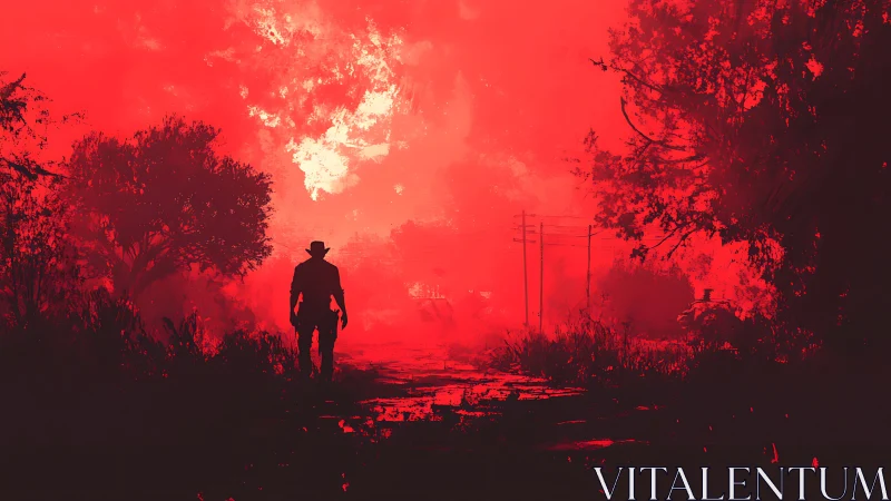 Lone wanderer walks into a burning red post‑apocalyptic dusk