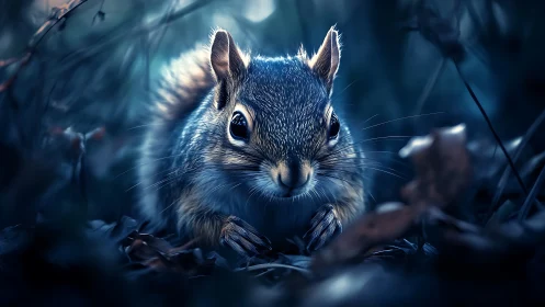 Small rodent is positioned centrally in low light forest floor