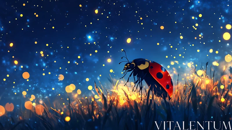Ladybug walks through glowing grass under starry sky
