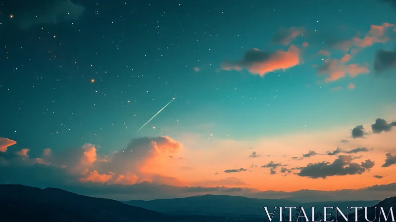 Digital landscape shows dusk sky, stars and distant meteor