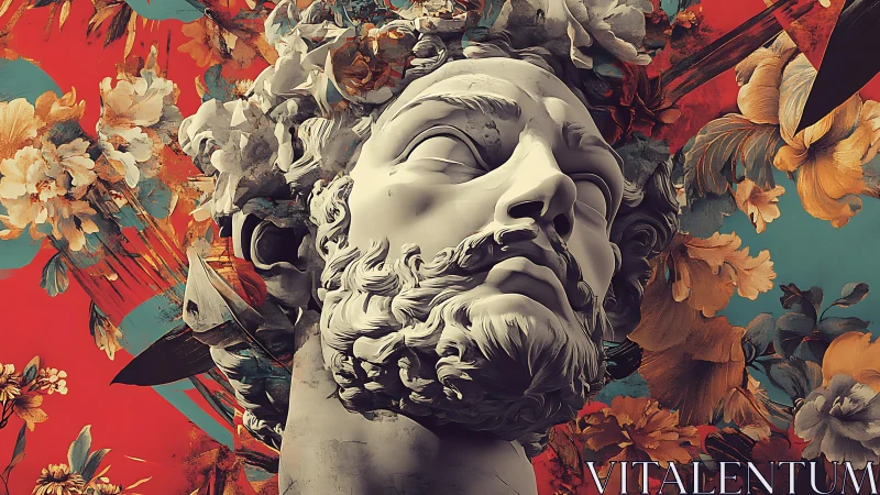 Neoclassical marble bust with floral digital painting background.