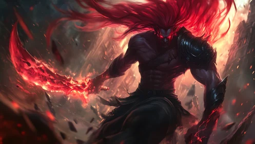 Crimson demon warrior charging through burning ruins.