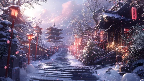 Snowlit Kyoto temple street glows with warm lantern light.