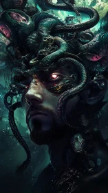 Mythic medusa hybrid with glowing cybernetic serpents.