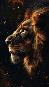 Majestic lion profile glows against swirling embers at night.