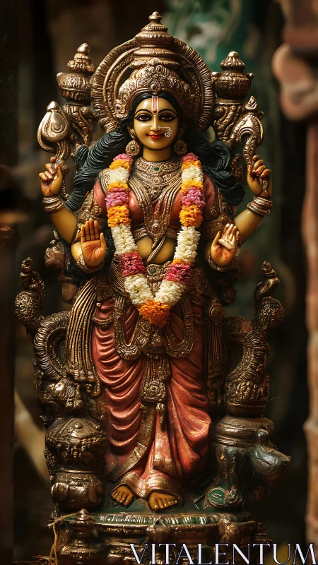 Gilded Hindu goddess idol draped in marigold prayer garlands.