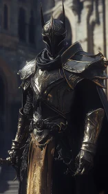 Dark armored knight stands in ornate gothic stronghold.