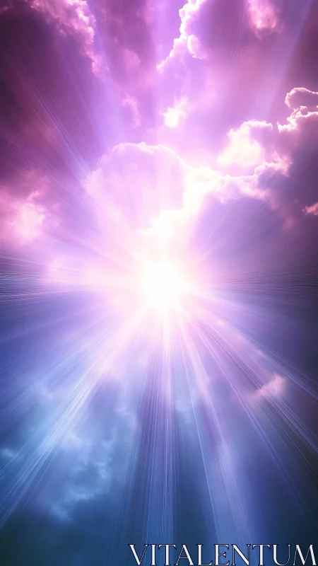 Radial celestial lightburst penetrates violet and cyan cloudscape