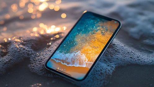 Water resistant smartphone rests in glowing shoreline surf.