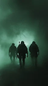 Silhouetted soldiers advance through dense emerald fog at night.