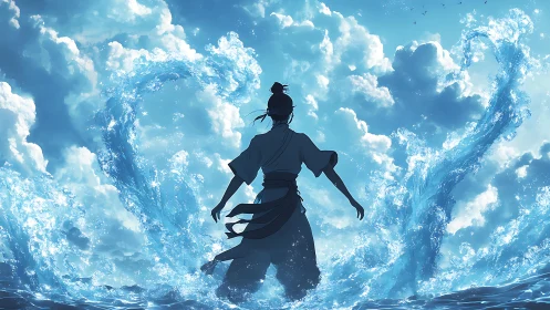 Water shaper stands strong beneath a sky of living waves.