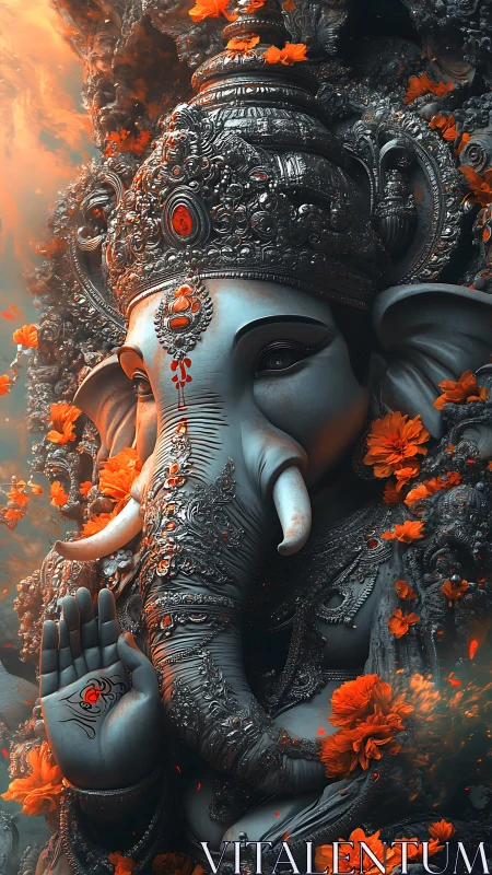Detailed digital Ganesha figure with orange floral accents.