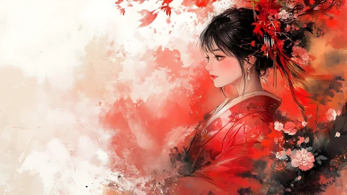 Elegant kimono woman emerges from red watercolor blossoms