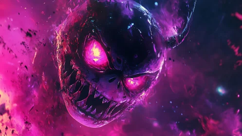 Infernal neon skull emerging through cosmic vortex glow.