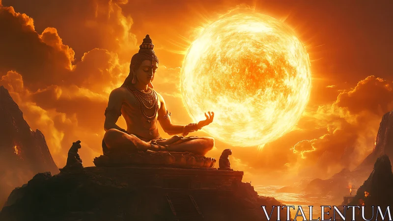 Solar meditating deity cradling a newborn sun of fire.