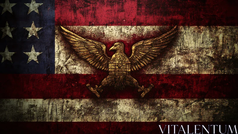 Grunge-textured US flag with central gilded eagle relief emblem.