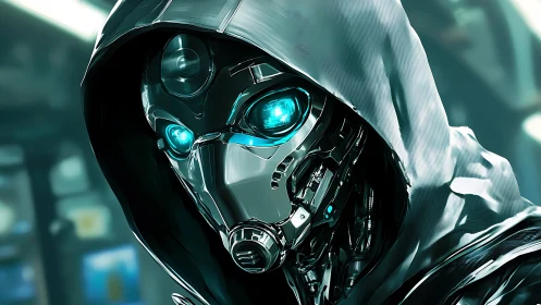 Hooded cybernetic watcher studies neon data streams in silence