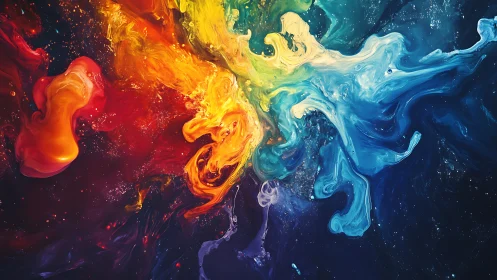 Multicolored liquid plumes forming radial abstract pattern.