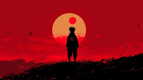 Backlit anime silhouette against dual-layer crimson sunfield.