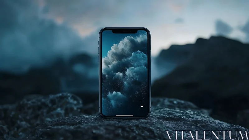 Modern smartphone displaying stormy cloud landscape wallpaper in mountainous terrain.