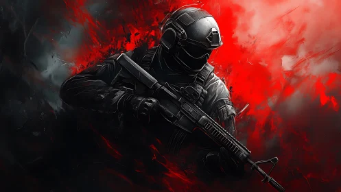 Armored soldier in red-black digital combat abstraction.