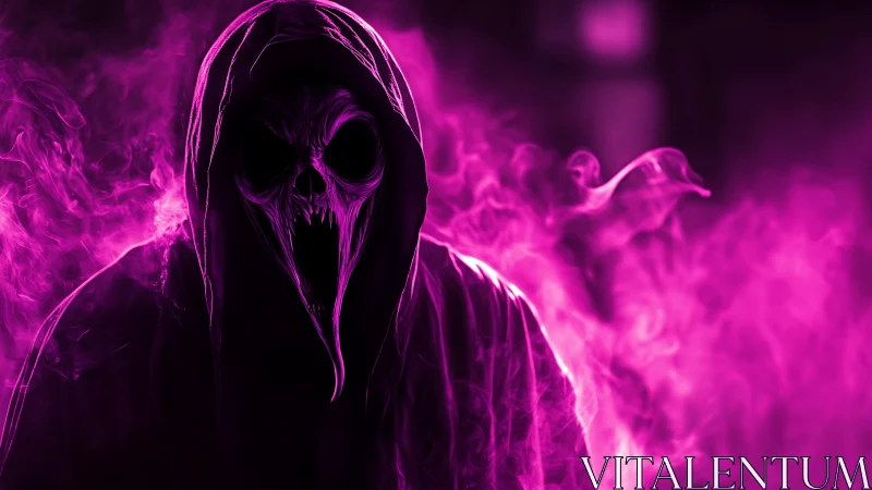 Hooded skeletal figure in magenta smoke on dark background.