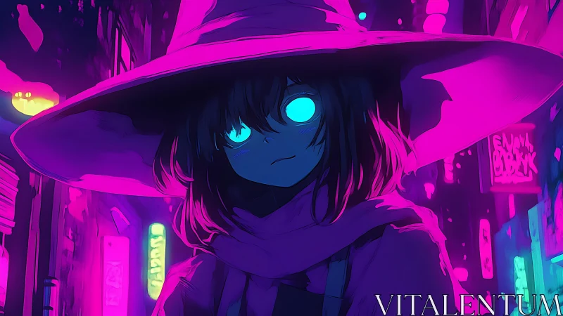 Neon-lit cyber witch gazes forward under oversized magenta hat