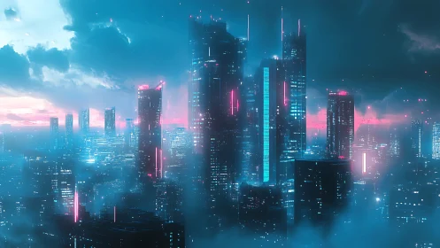 Neon-lit cyberpunk megacity skyline rendered in volumetric dusk fog