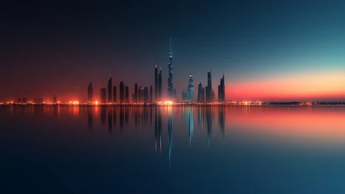 Futuristic coastal skyline glows against a calm twilight horizon