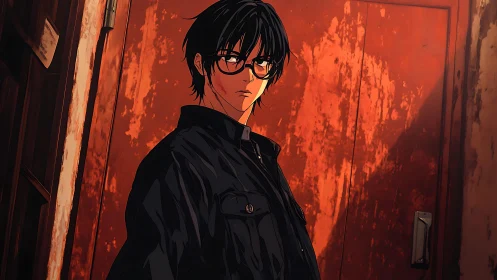 Glasses-wearing youth in noir alley, lit by rusted red door.