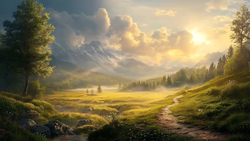 Sunlit mountain valley unfolds in radiant morning tranquility.