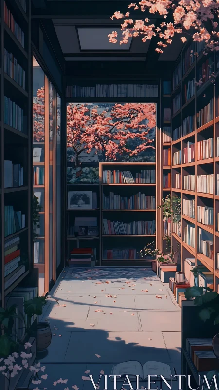 Sunlit corridor library integrates cherry blossom courtyard view