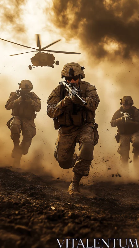 Infantry unit advancing under helicopter support in dust