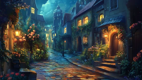 Night street scene shows illuminated houses and wet cobbles