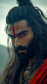 Mystic warrior portrait with intense sacred gaze.