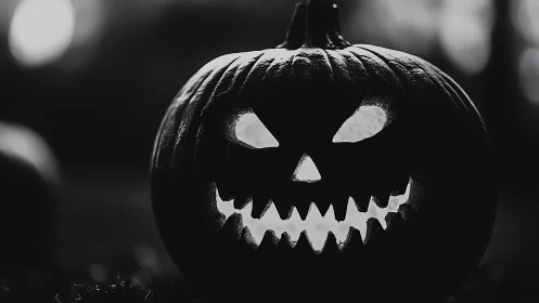Sinister jack o lantern glows in stark monochrome night