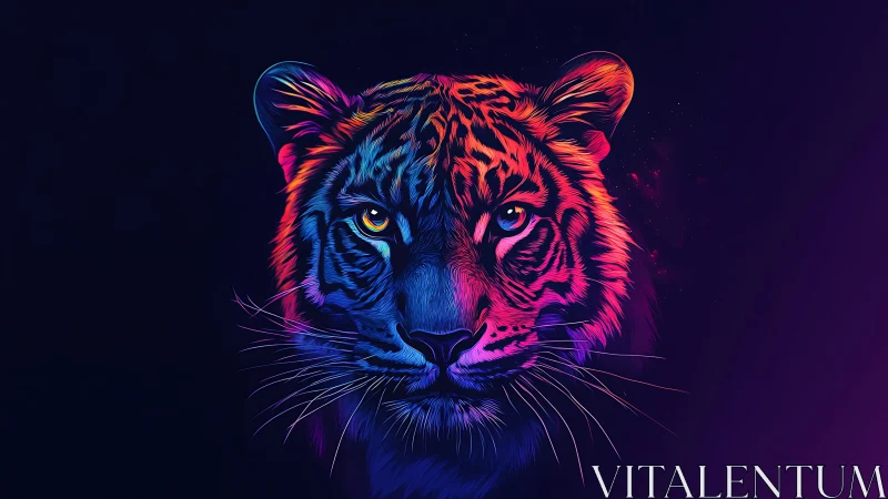 Neon-lit tiger portrait renders bilateral chromatic contrast