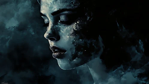 Profile view of abstract female face merging with smoke.