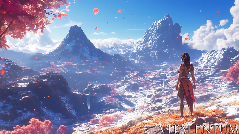 Solitary figure surveys volumetric-lit alpine valley in bloom