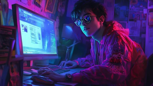 Neon-lit digital artist at CRT workstation under cyberpunk hues
