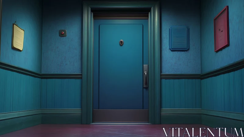 Blue apartment corridor with closed teal front door.