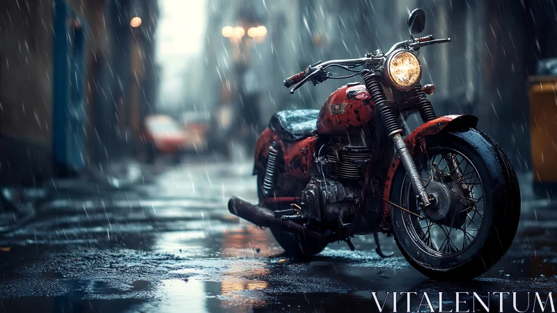 Vintage red motorcycle in rain-soaked urban alley at night