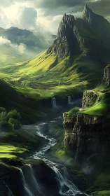 Emerald cliffs and whispering waterfalls under stormlight.