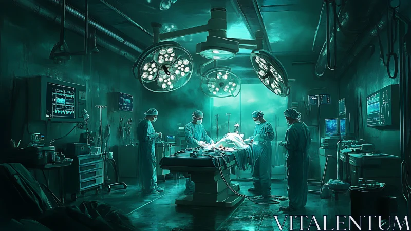 Dedicated surgical team bathed in calm teal hospital light.