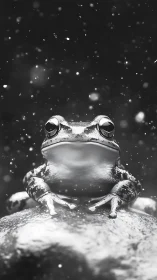 Monochrome macro portrait of reflective frog on wet stone